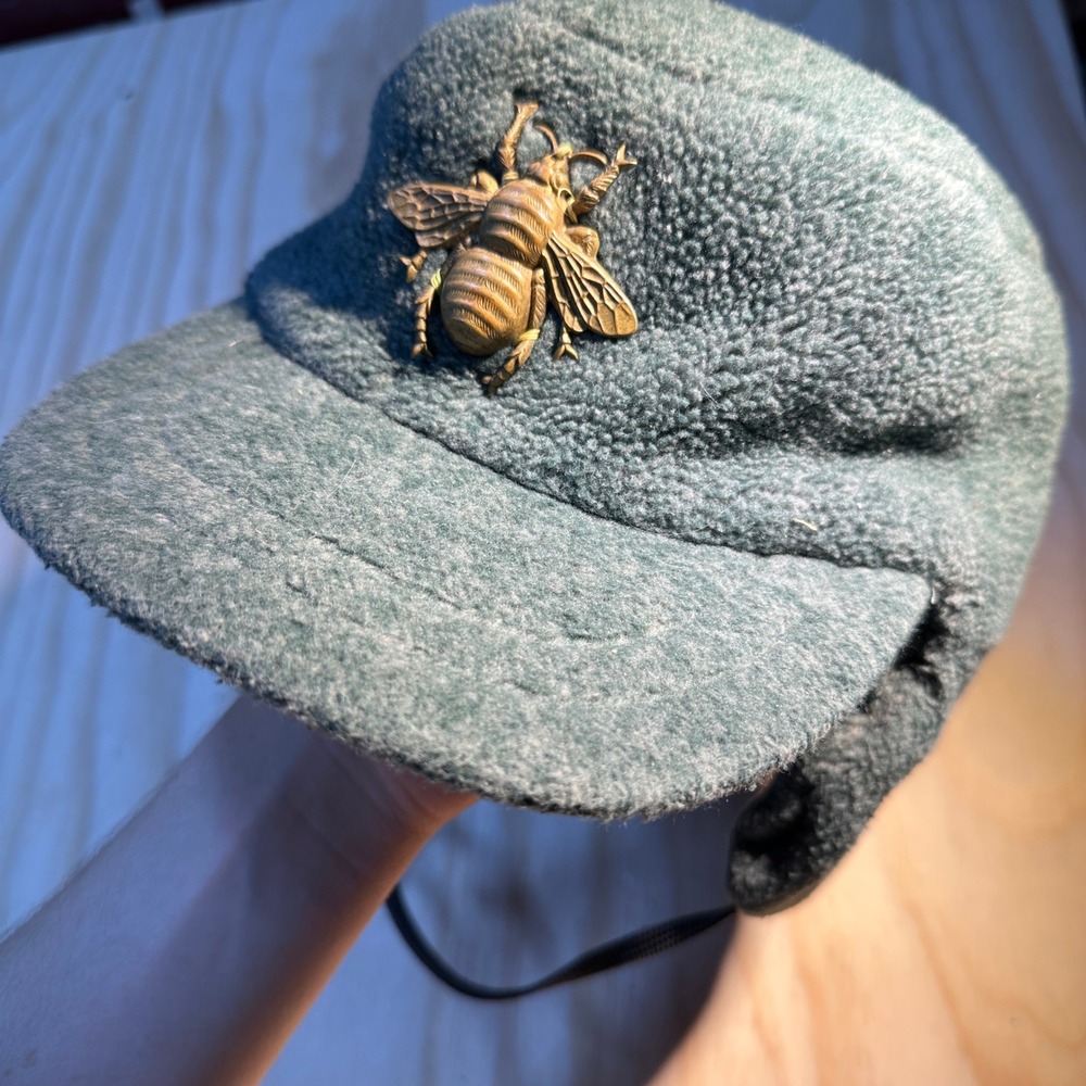 AULA USA Green Fleece Trapper Hat Bee Emblem Ear Flaps Made in USA OSFM